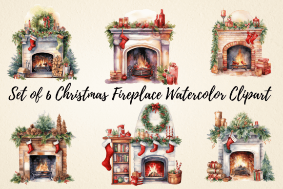 Download Christmas Fireplace Watercolor Clipart - Christmas fireplace Collection
