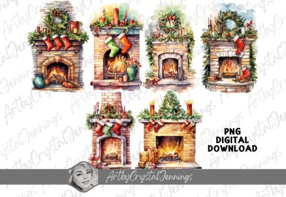 Download Watercolor Stocking Christmas Fireplace - Christmas fireplace Collection