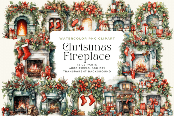 Download Watercolor Christmas Fireplace Cliparts - Christmas fireplace Collection