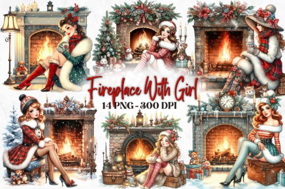 Download Christmas Fireplace with Girls Clipart - Christmas fireplace Collection