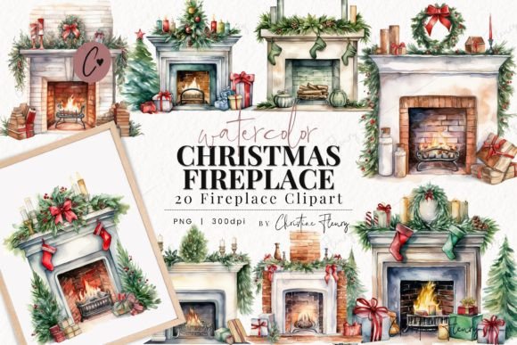 Download Watercolor Christmas Fireplace Clipart - Christmas fireplace Collection